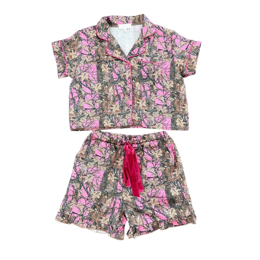 Simply Southern Pink Camo Pajama Set S Pink Ruffle Short Sleeve Loungewear Sleep